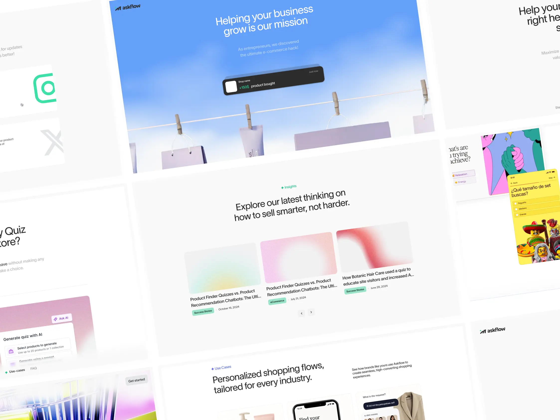 Sample AskFlow website sections laid out at an angle