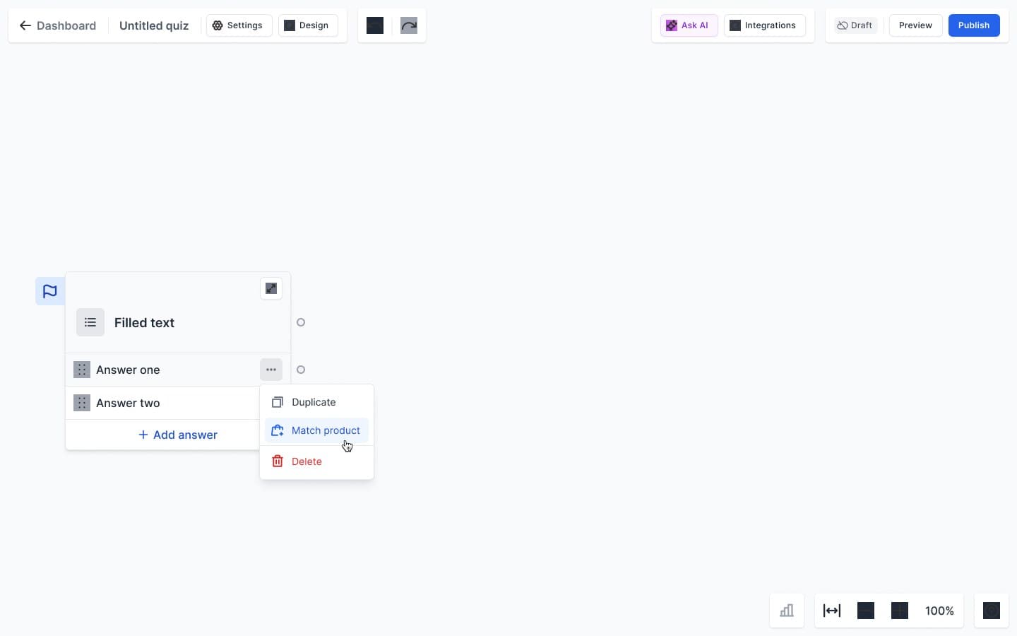 Sample AskFlow answer menu with a Match product action