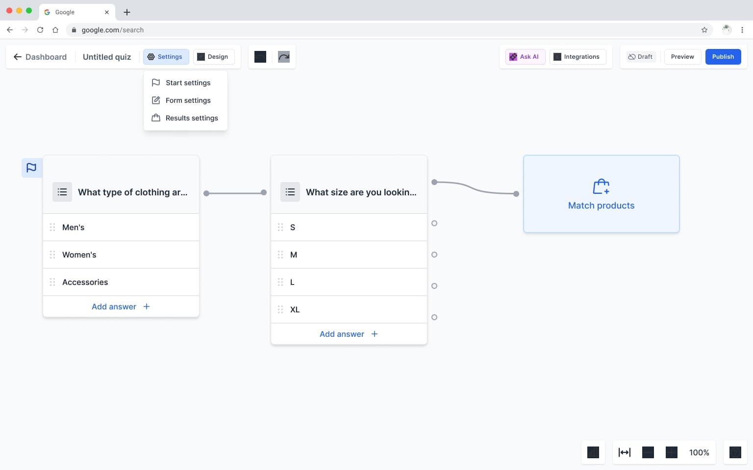Sample AskFlow settings menu with start, form and results settings