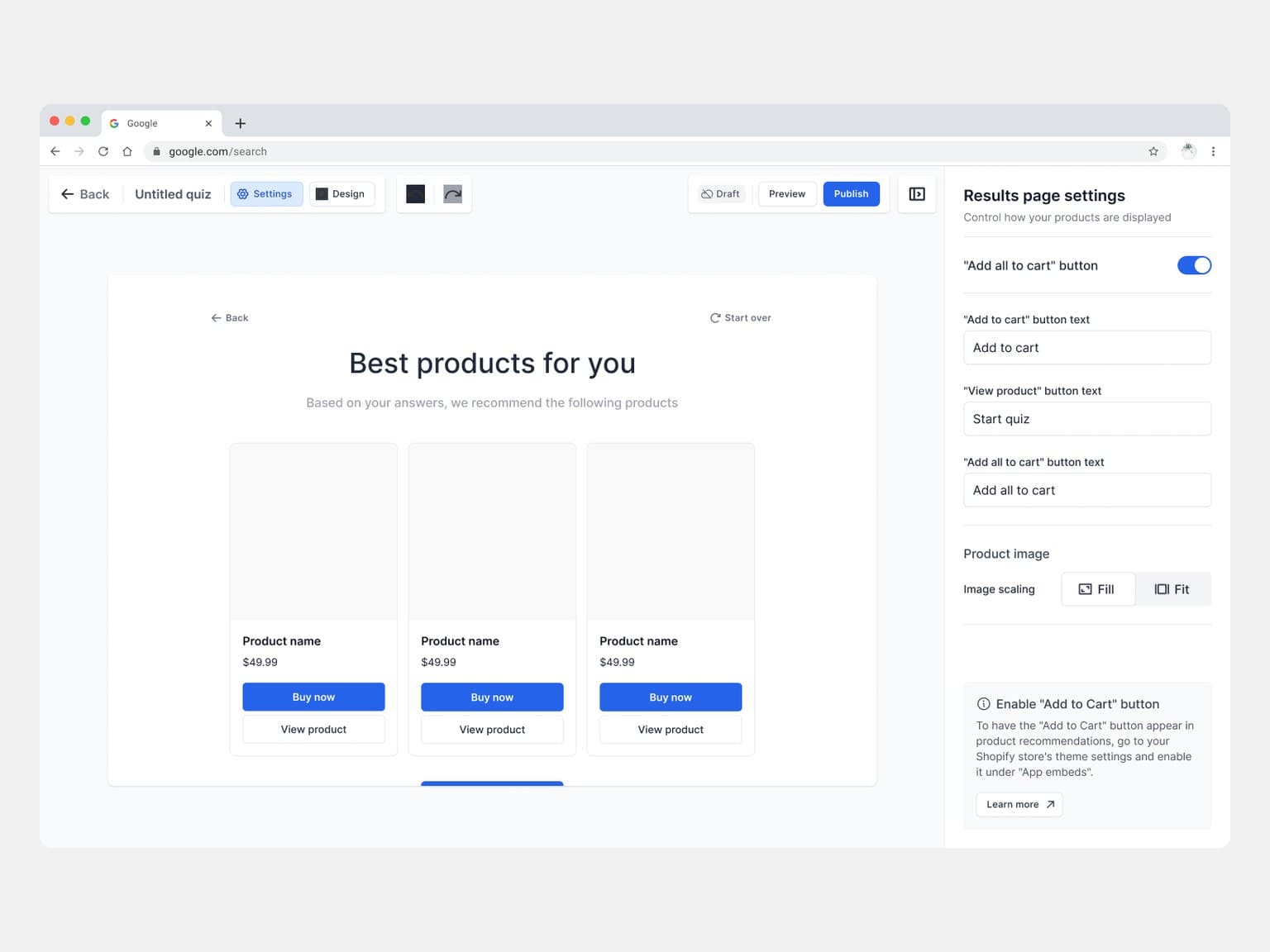 Sample AskFlow results page settings for cart and product buttons and image scaling