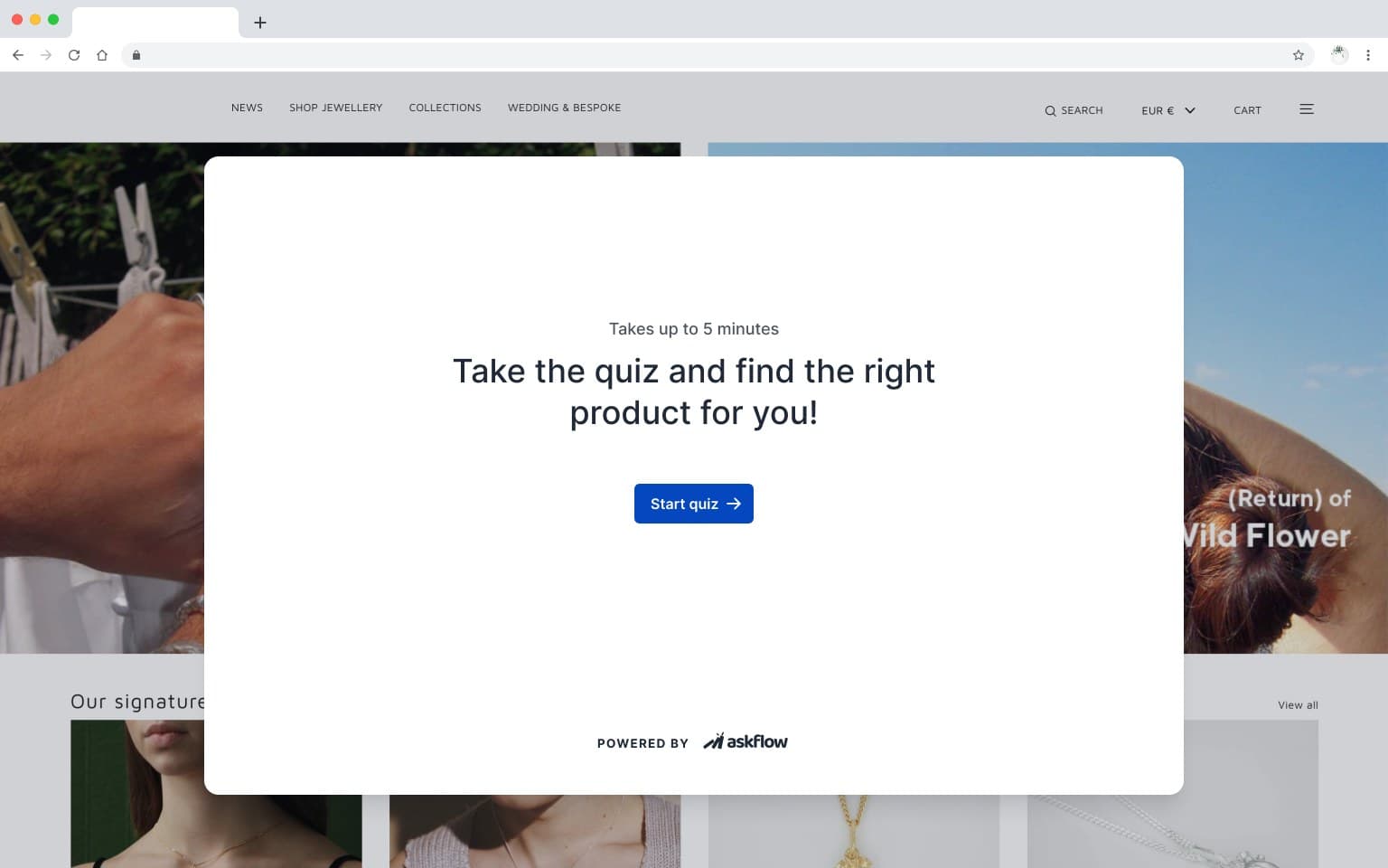 Sample AskFlow quiz opening as a popup over a demo store