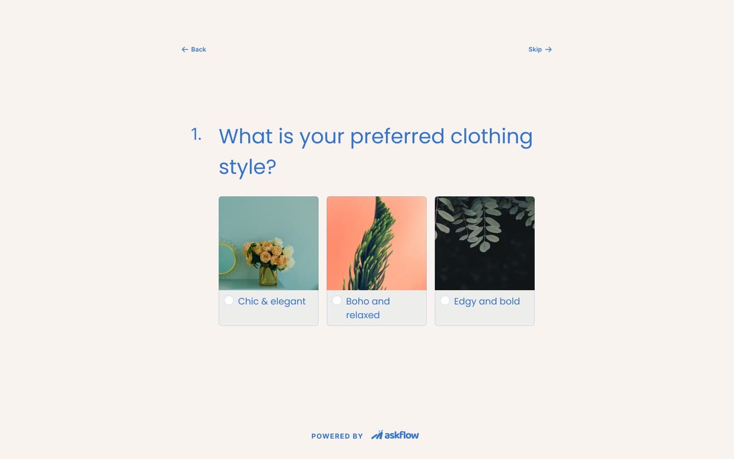 Sample AskFlow quiz theme with a warm background and blue sans-serif type