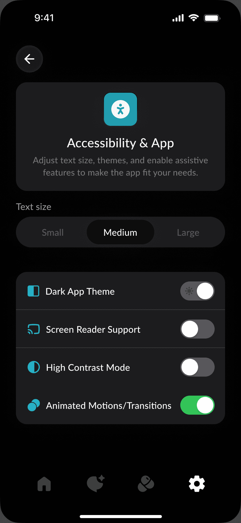 Peach Health accessibility settings in the dark theme