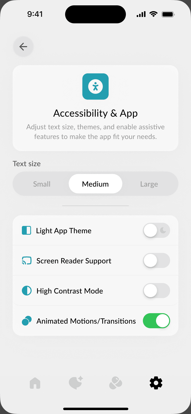 Peach Health accessibility settings in the light theme