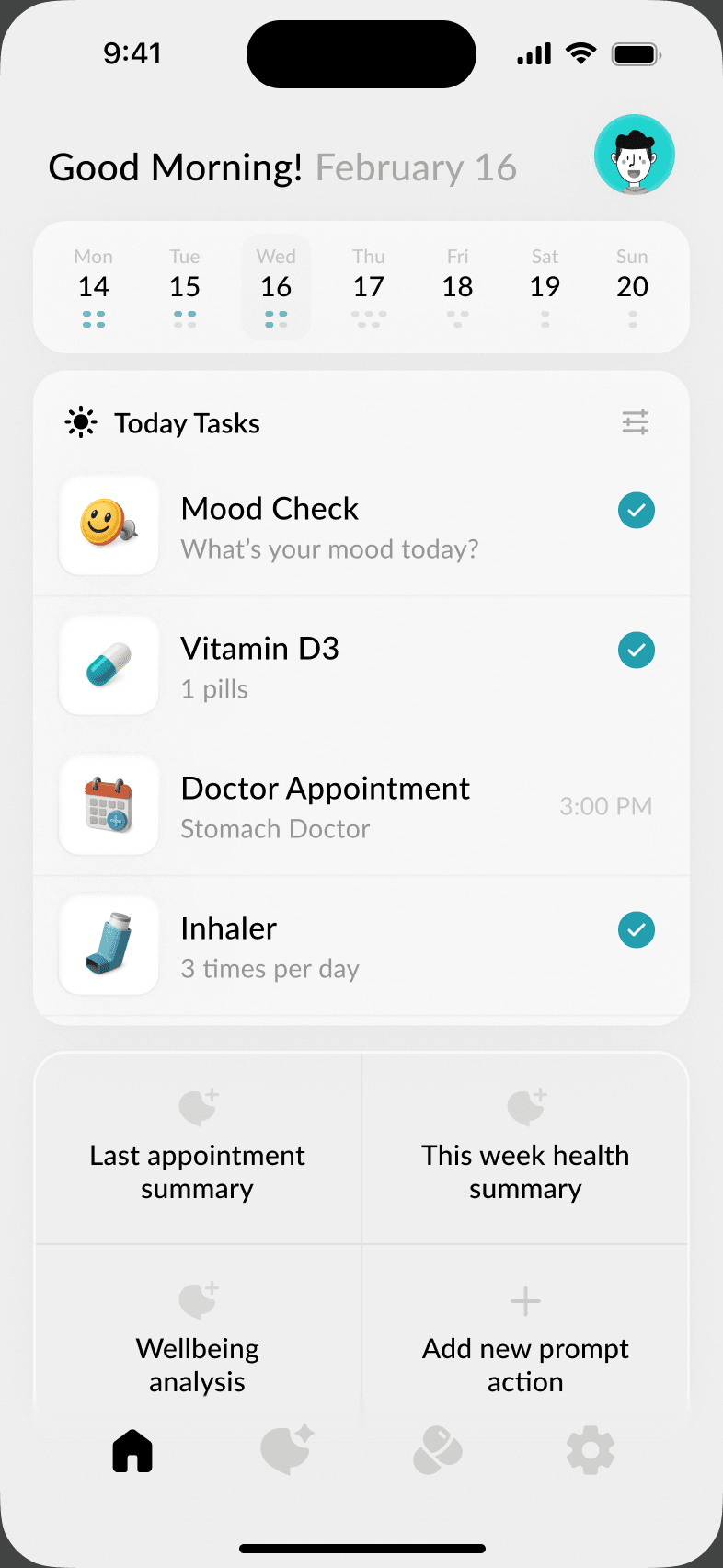 Peach Health home screen with today's tasks checked off