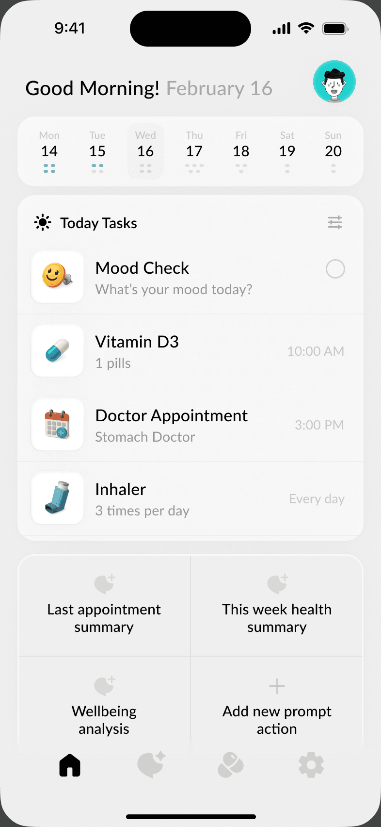 Peach Health home screen with today's tasks