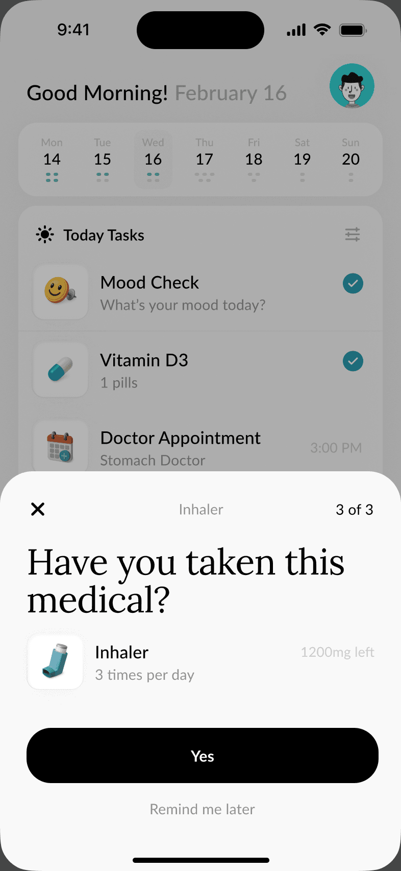 Peach Health check-in asking whether an inhaler was used