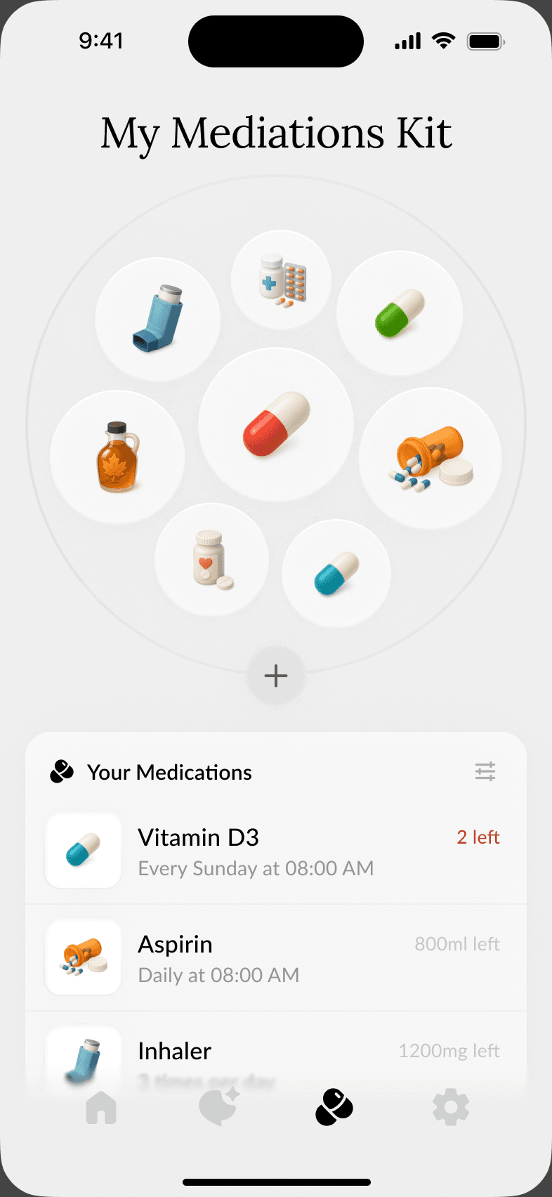 Peach Health medication kit with 3D medicine icons