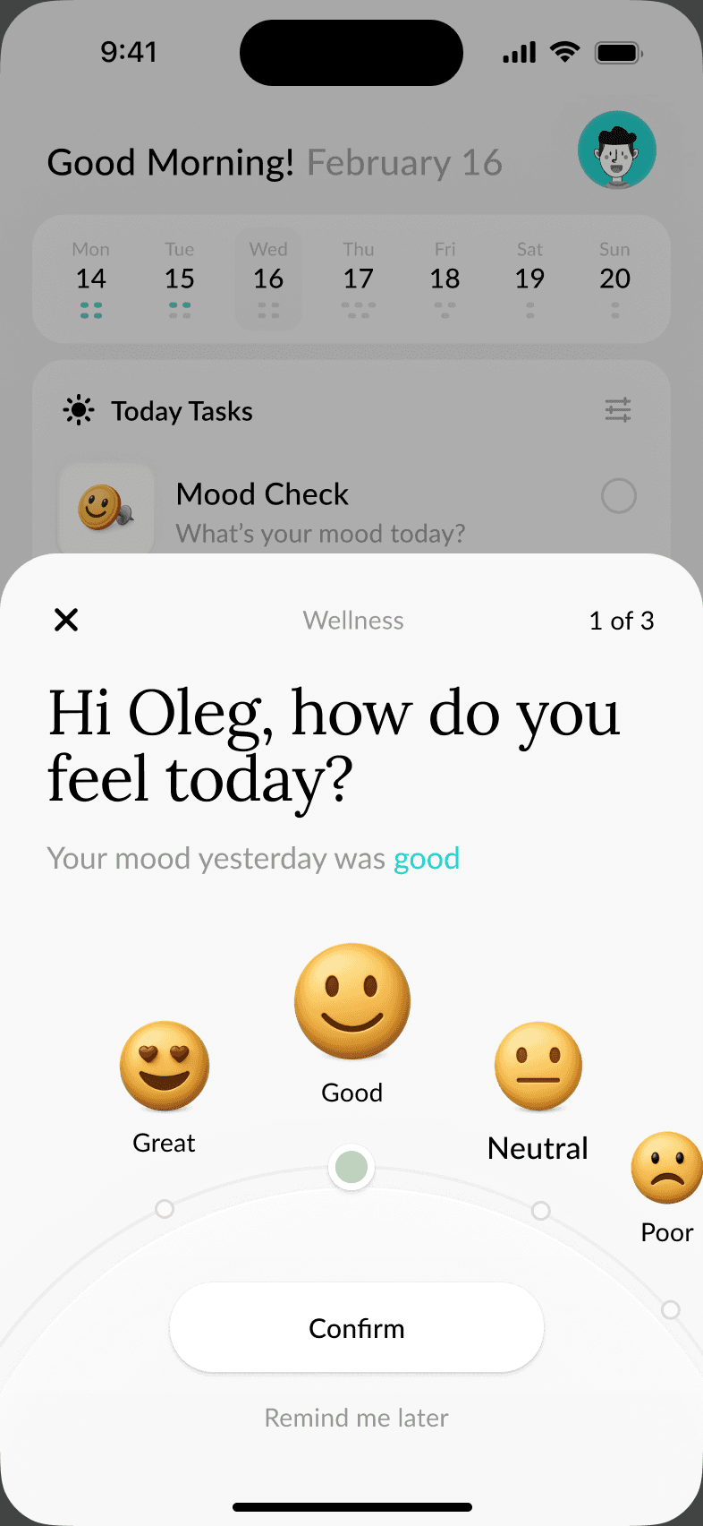 Peach Health mood check-in with a mood selected