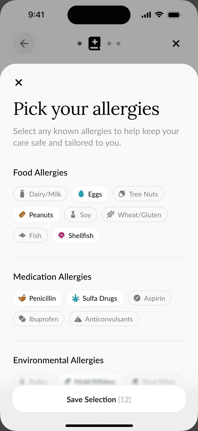 Peach Health onboarding sheet for picking allergies