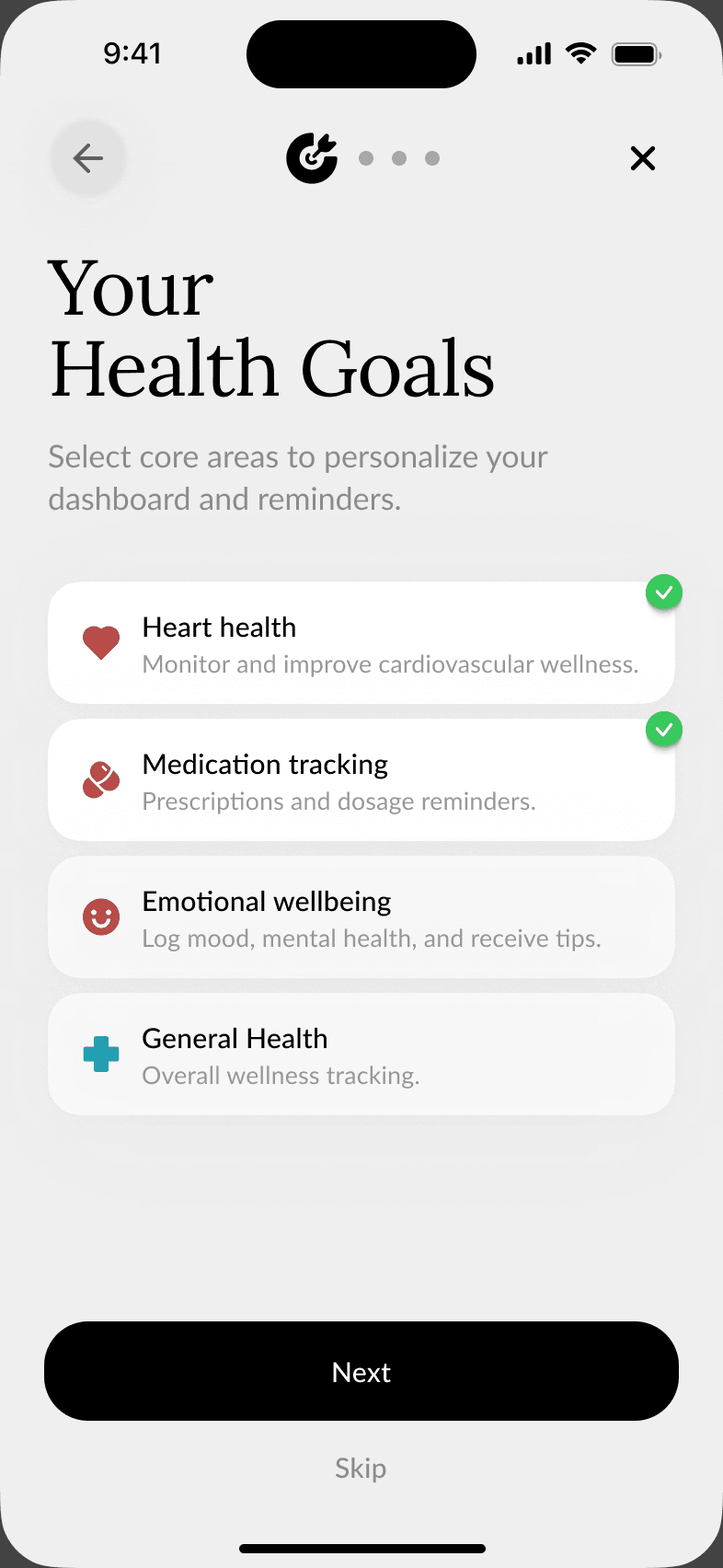 Peach Health onboarding step for choosing health goals