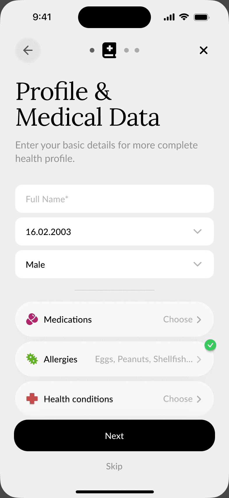 Peach Health onboarding step for profile and medical data