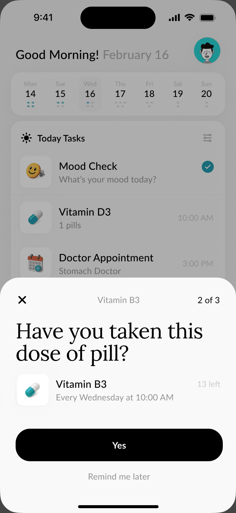 Peach Health check-in asking whether a pill was taken