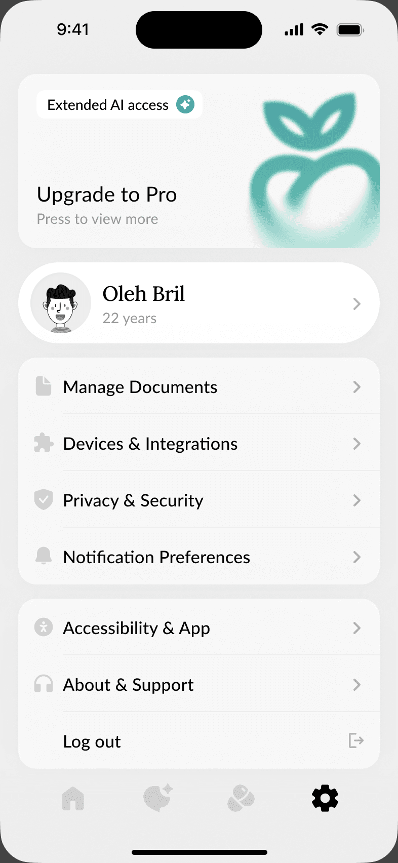 Peach Health settings screen