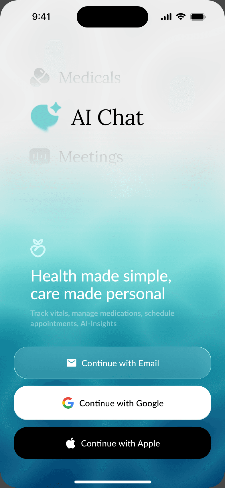Peach Health start screen with sign-in options