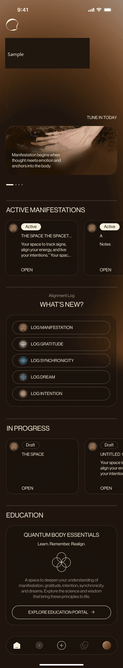 Sample Quantum Body scrollable home page with daily content and entry shortcuts