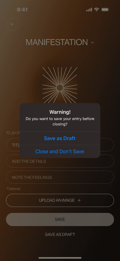 Sample Quantum Body save-as-draft or discard prompt over an entry form
