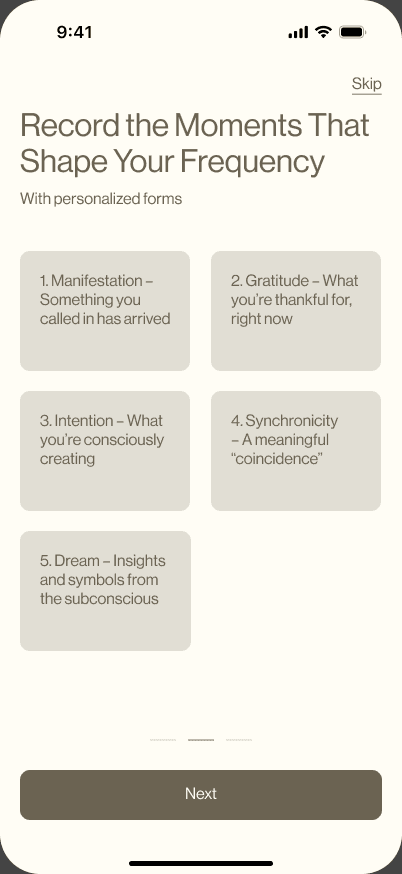 Sample Quantum Body wireframe introducing five practices