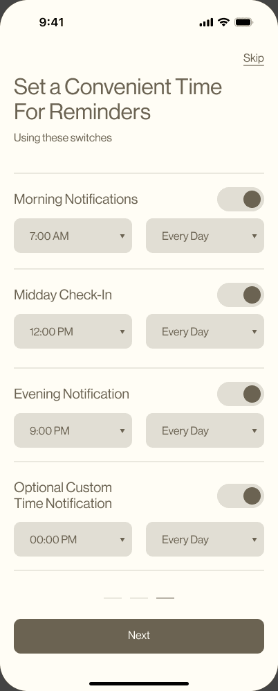Sample Quantum Body wireframe reminder settings