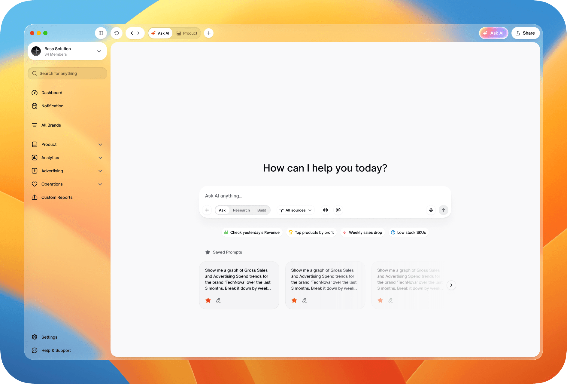 Sample SellerGenius AI assistant start screen with saved prompts
