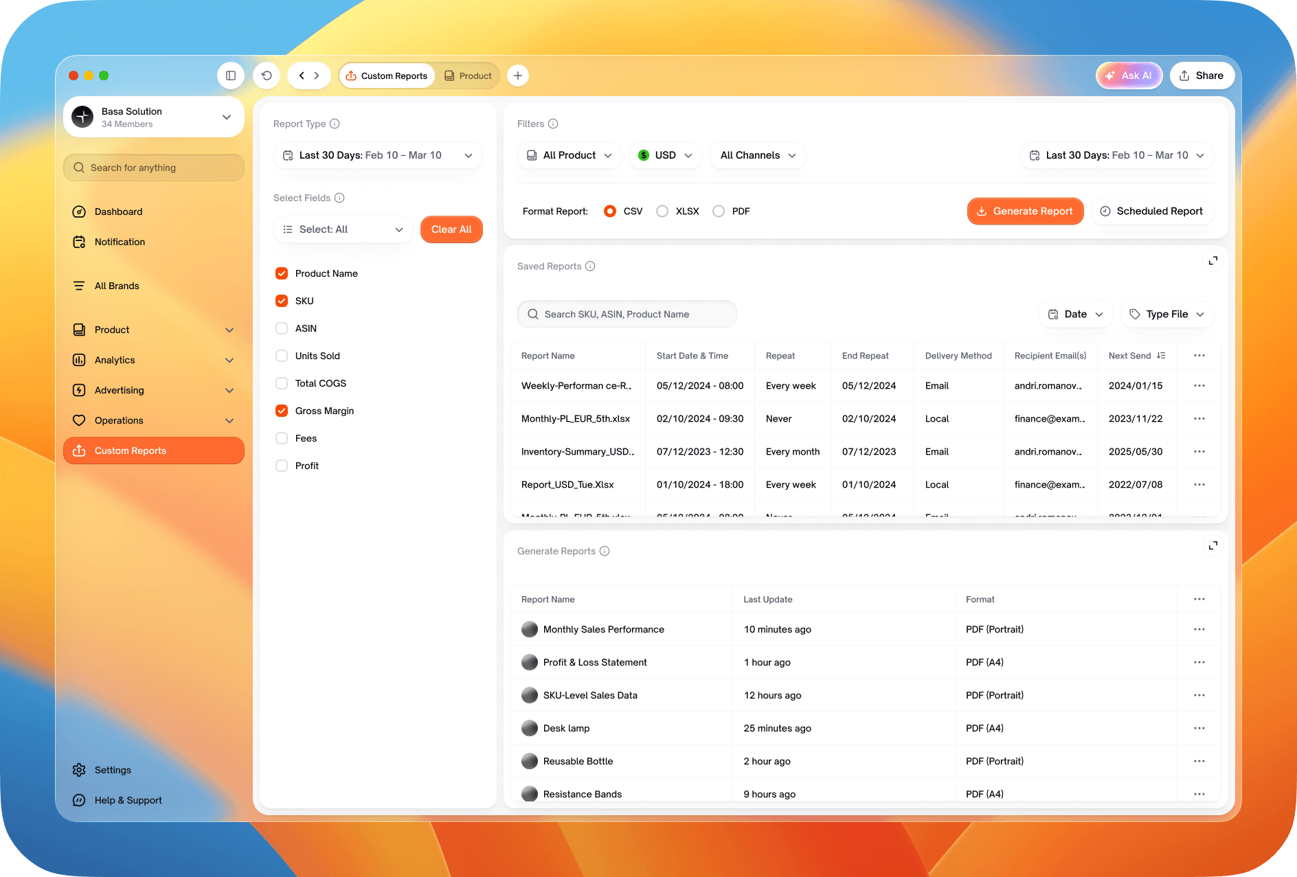 Sample SellerGenius custom report builder with saved and generated reports