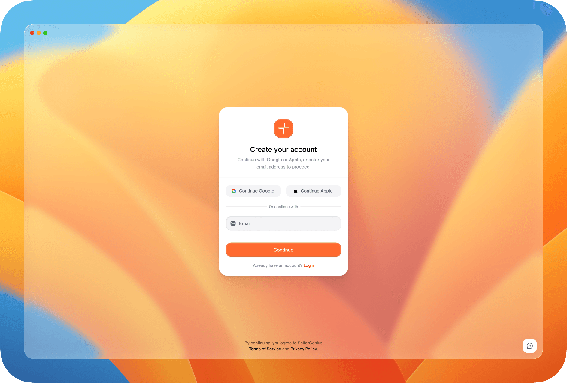 Sample SellerGenius sign-up card with Google, Apple and email