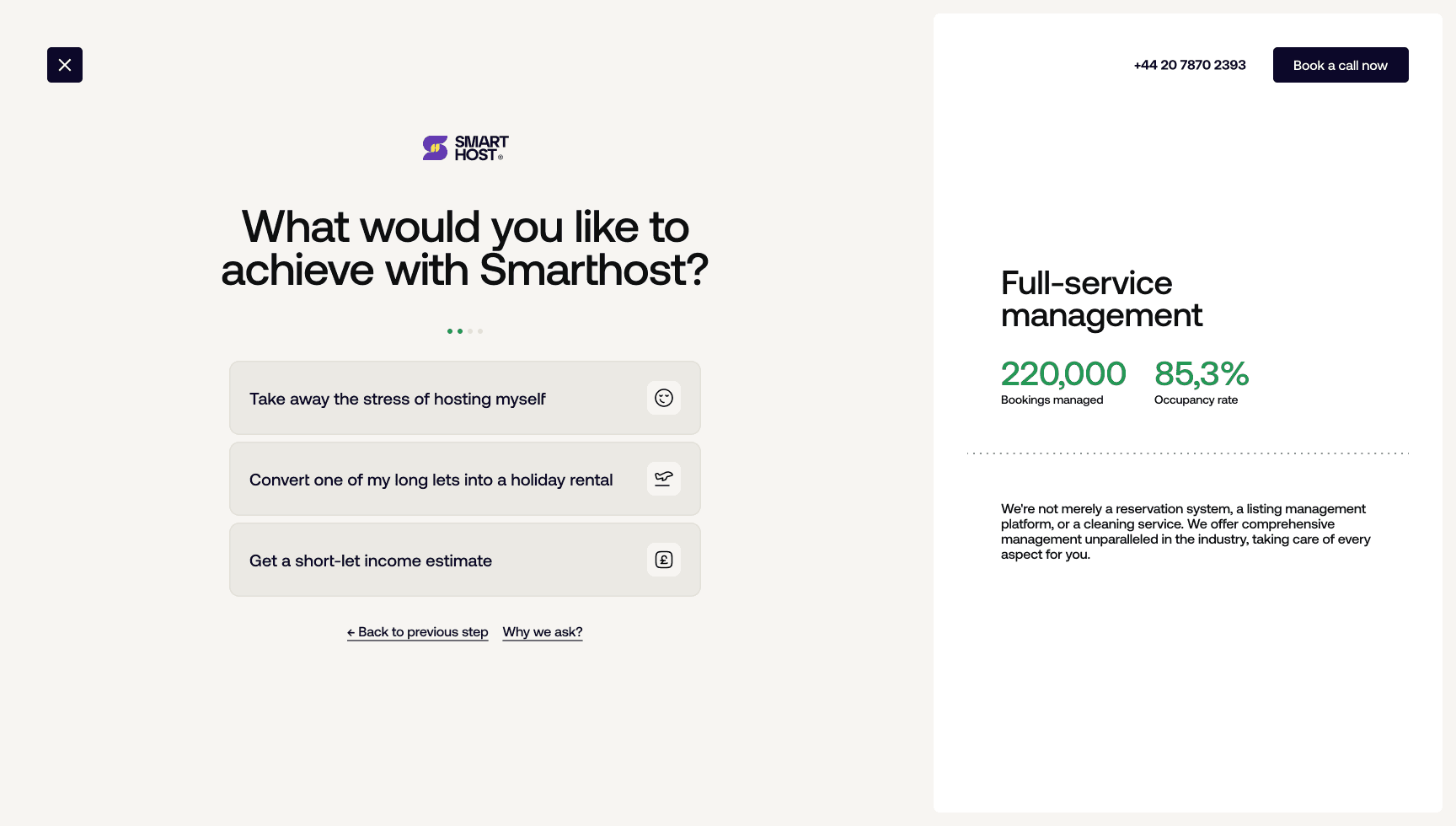 Sample SmartHost estimate questionnaire asking about the owner's goals
