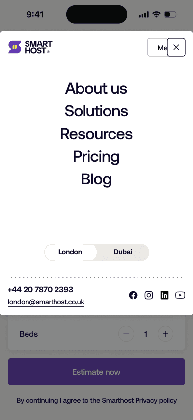 Sample SmartHost navigation menu on mobile
