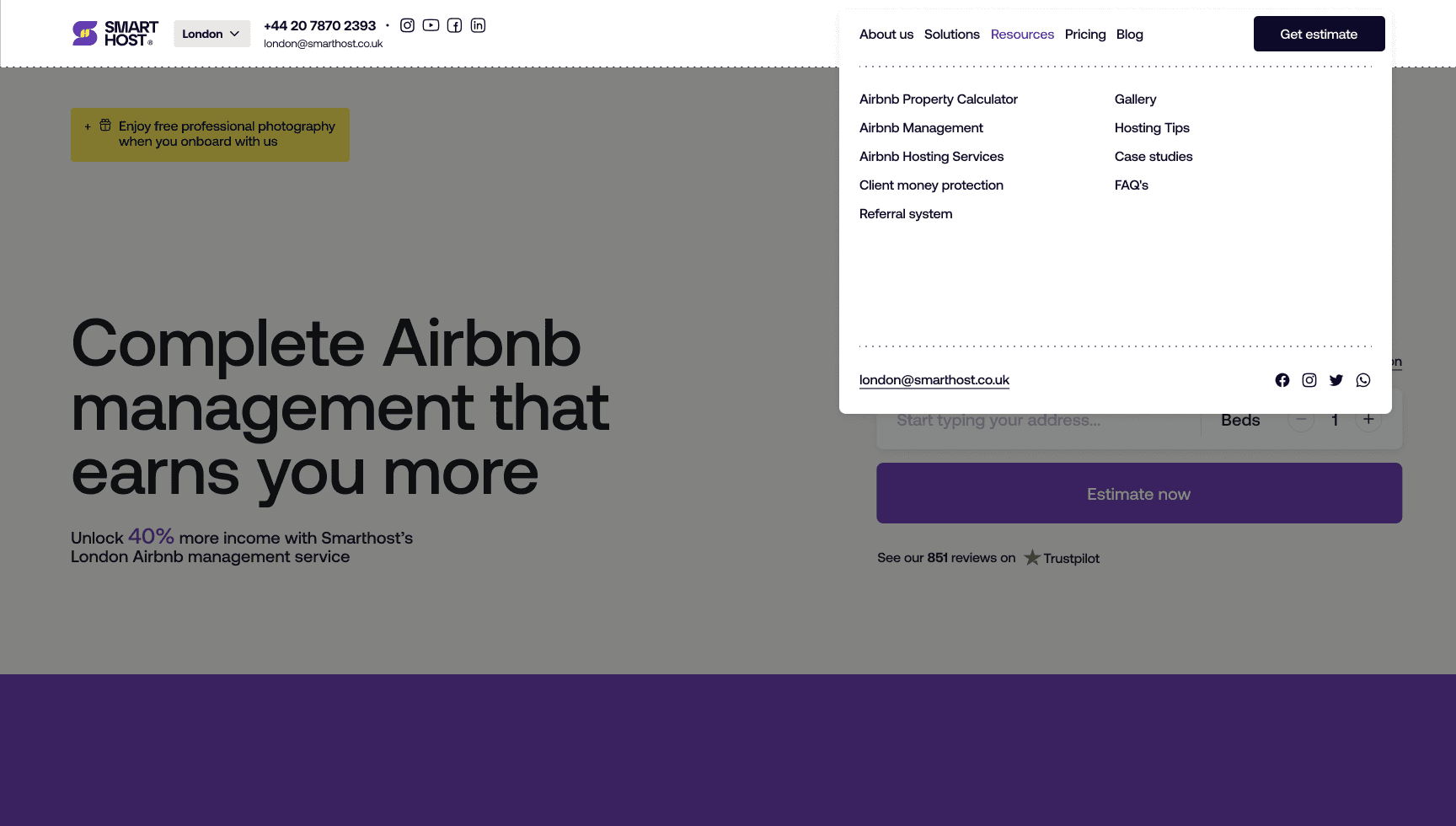 Sample SmartHost navigation menu open on desktop