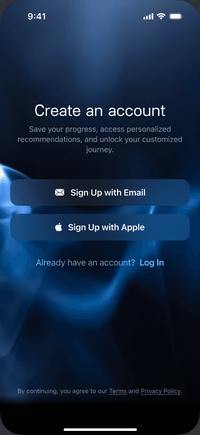 Sample Snoozeband account creation with email and Apple options