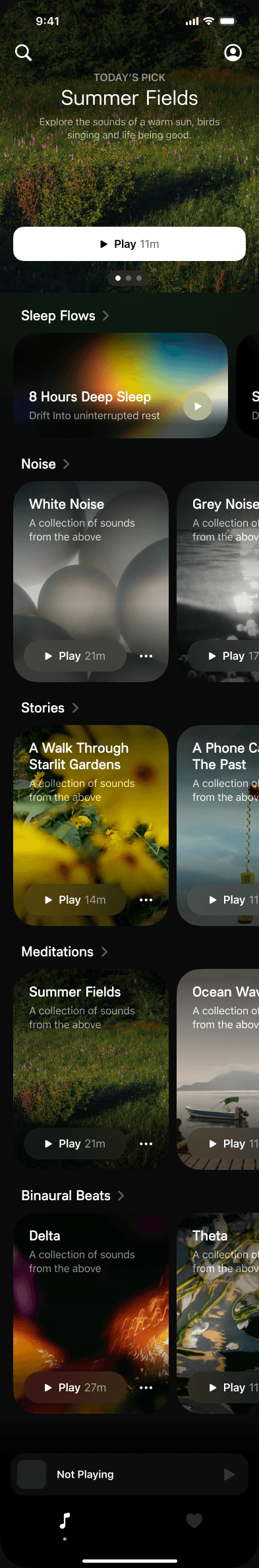 Sample Snoozeband home screen with featured audio and listening categories