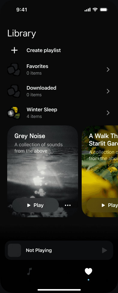 Sample Snoozeband library with favourites, downloads, a playlist, and sound cards