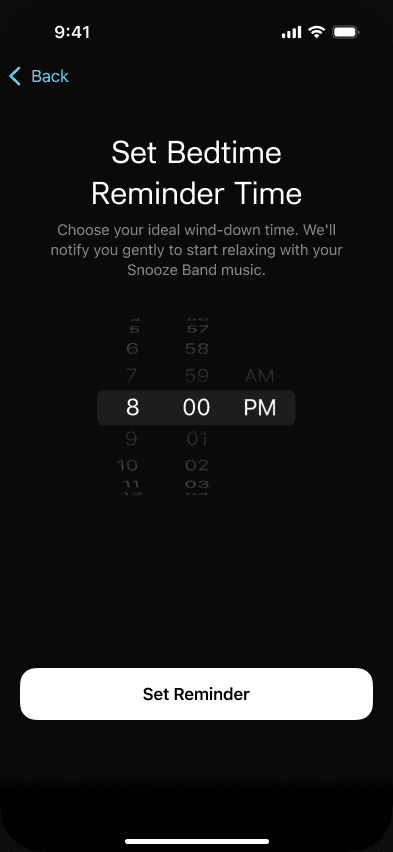 Sample Snoozeband bedtime reminder time picker
