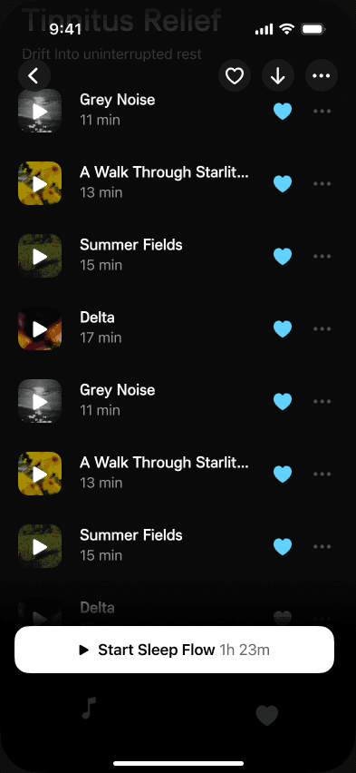 Sample Snoozeband scrolled sleep-flow track list with a pinned start action