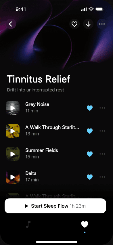 Sample Snoozeband opened sleep flow with a track list and start action