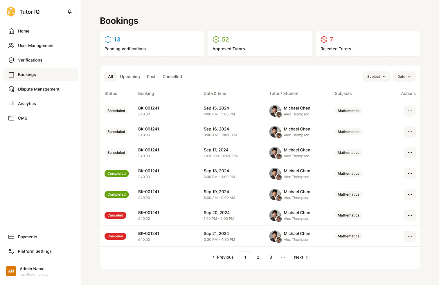 Sample Tutor IQ admin bookings list