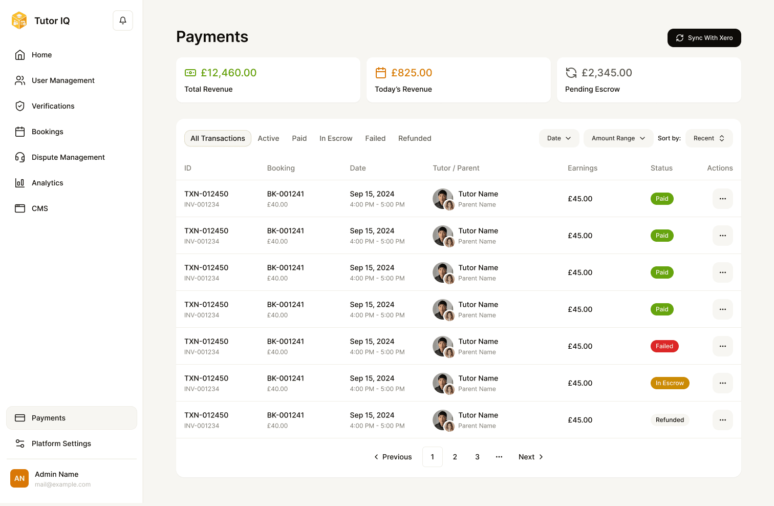 Sample Tutor IQ admin payments
