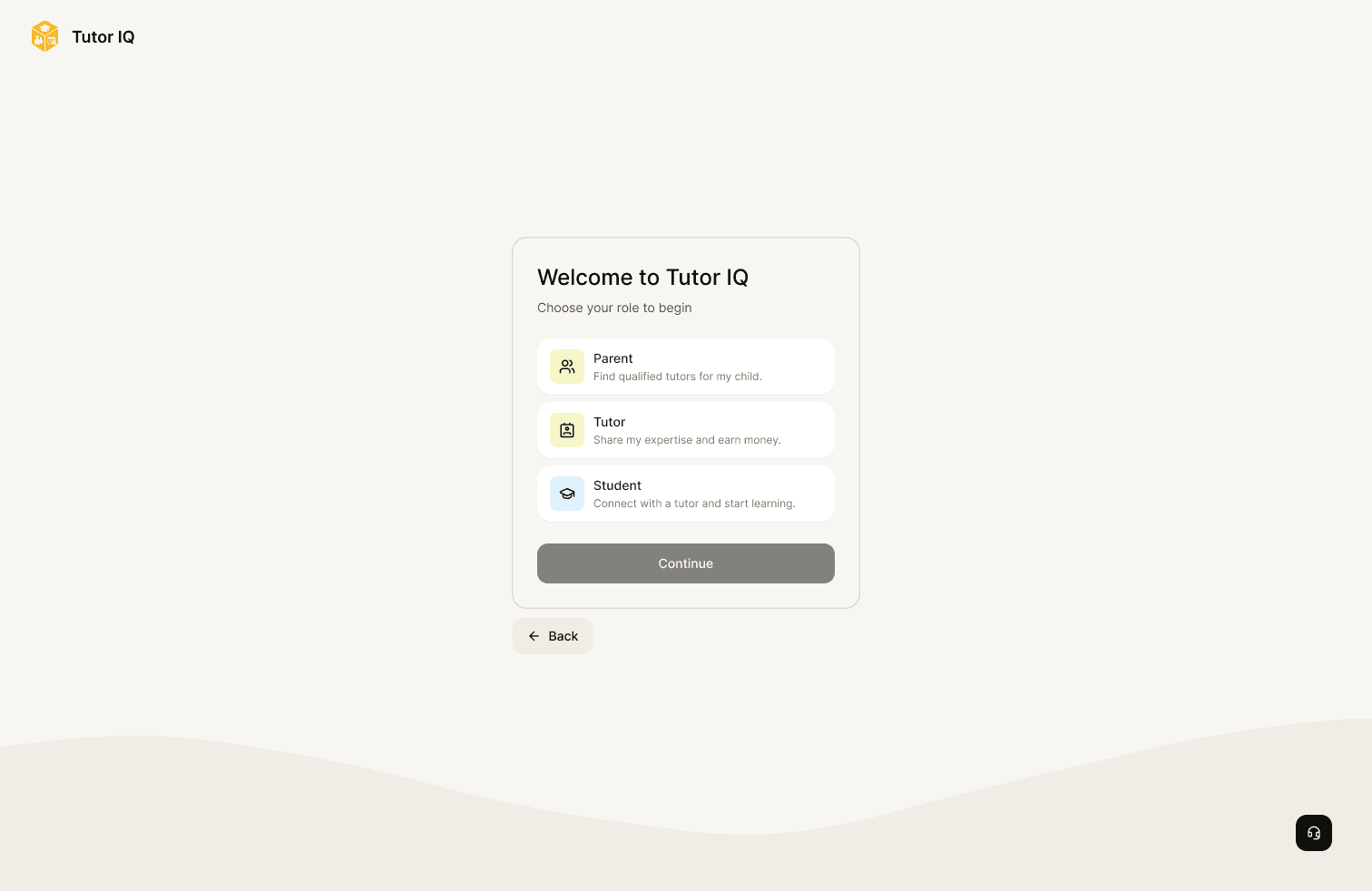 Sample Tutor IQ sign-up step for choosing a role