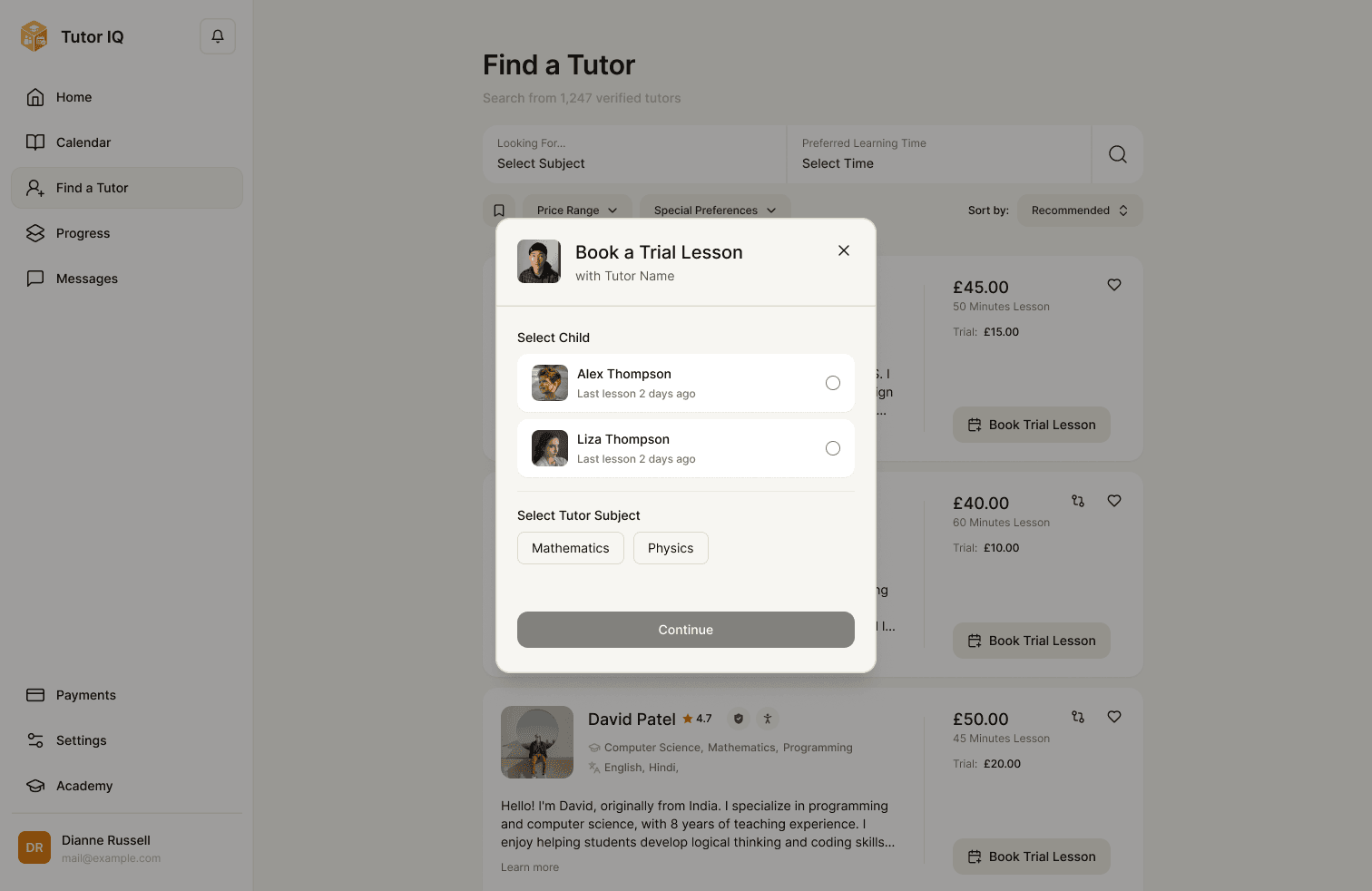 Sample Tutor IQ trial booking step for choosing a child and subject
