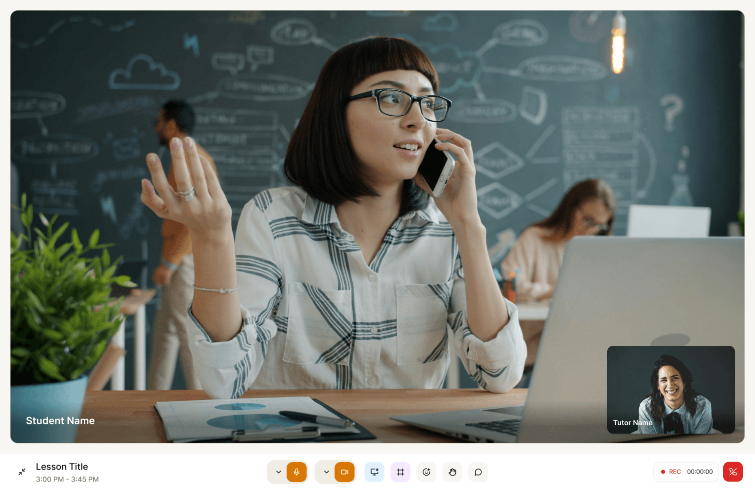 Sample Tutor IQ live classroom with video and lesson tools