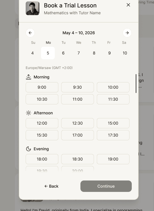 Sample Tutor IQ close-up of the booking time selection
