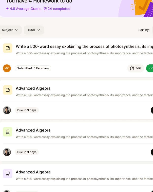 Sample Tutor IQ close-up of homework status cards