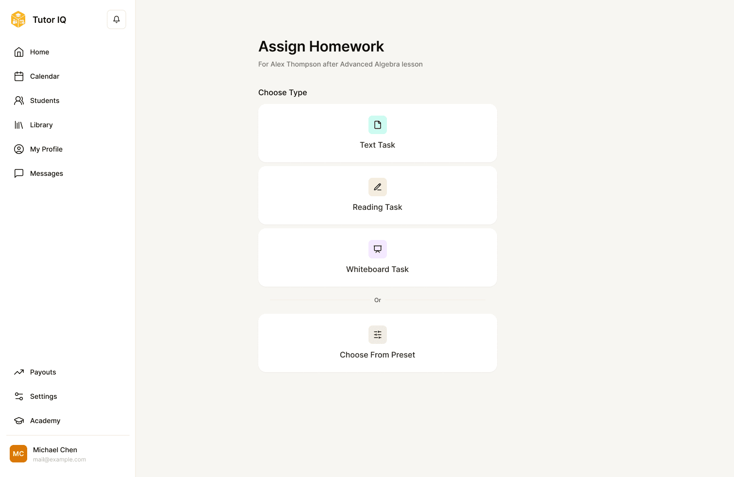 Sample Tutor IQ tutor choosing a homework type
