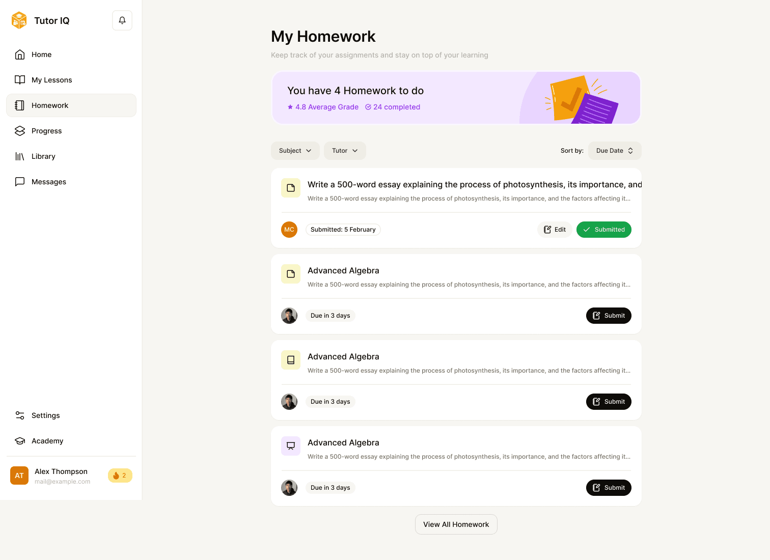 Sample Tutor IQ student homework list