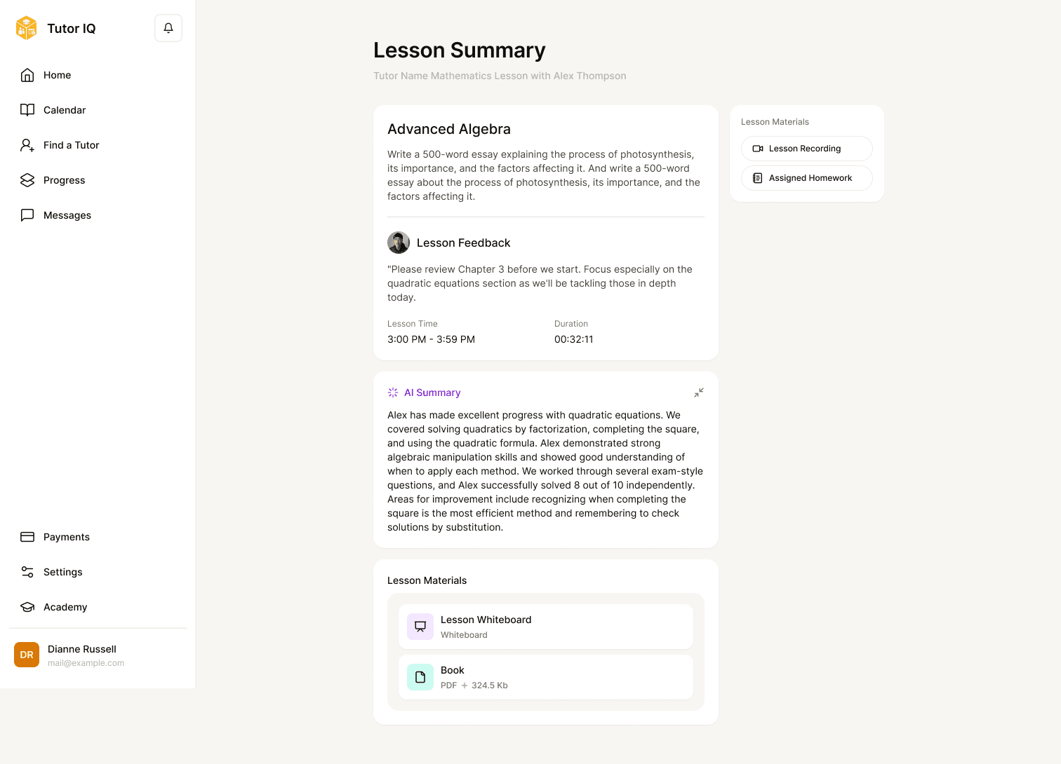 Sample Tutor IQ parent lesson summary with feedback and homework