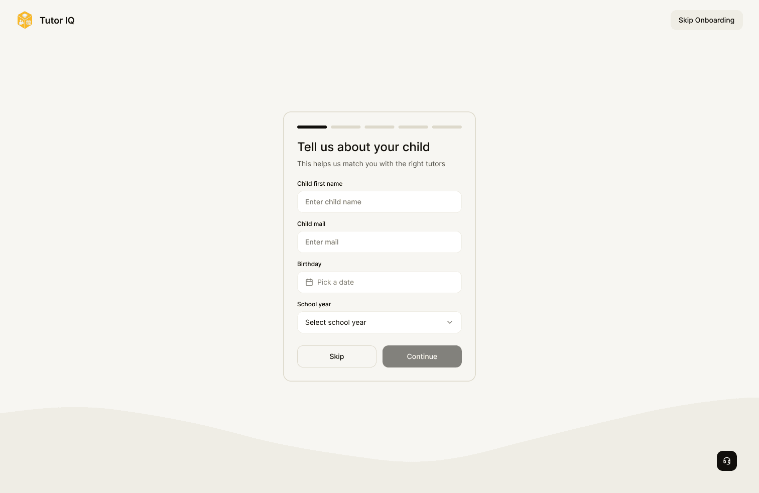 Sample Tutor IQ parent onboarding step for adding a child
