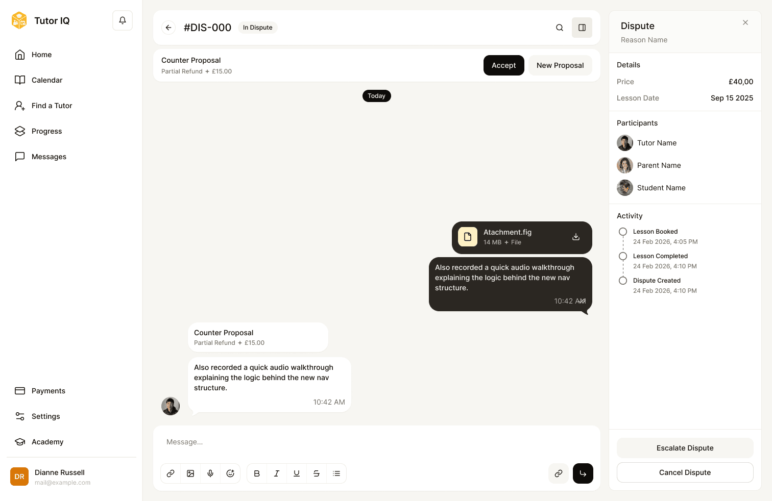 Sample Tutor IQ parent opening a dispute