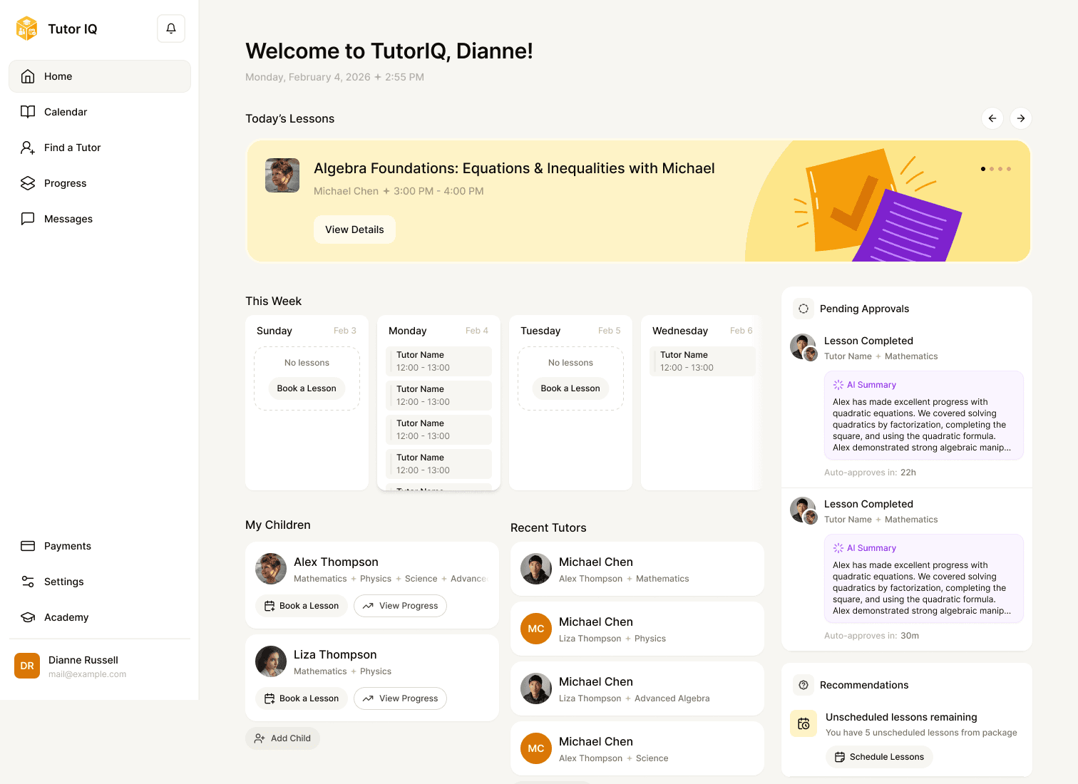 Sample Tutor IQ parent home with today's lessons, the week, children and AI lesson summaries