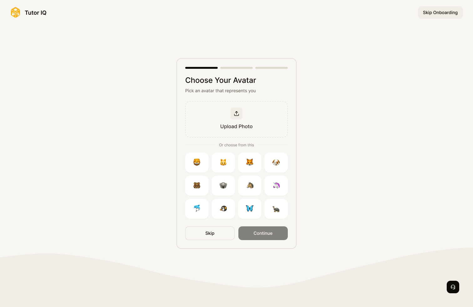 Sample Tutor IQ student onboarding avatar choice