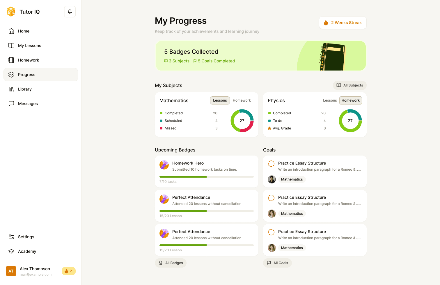 Sample Tutor IQ student progress overview
